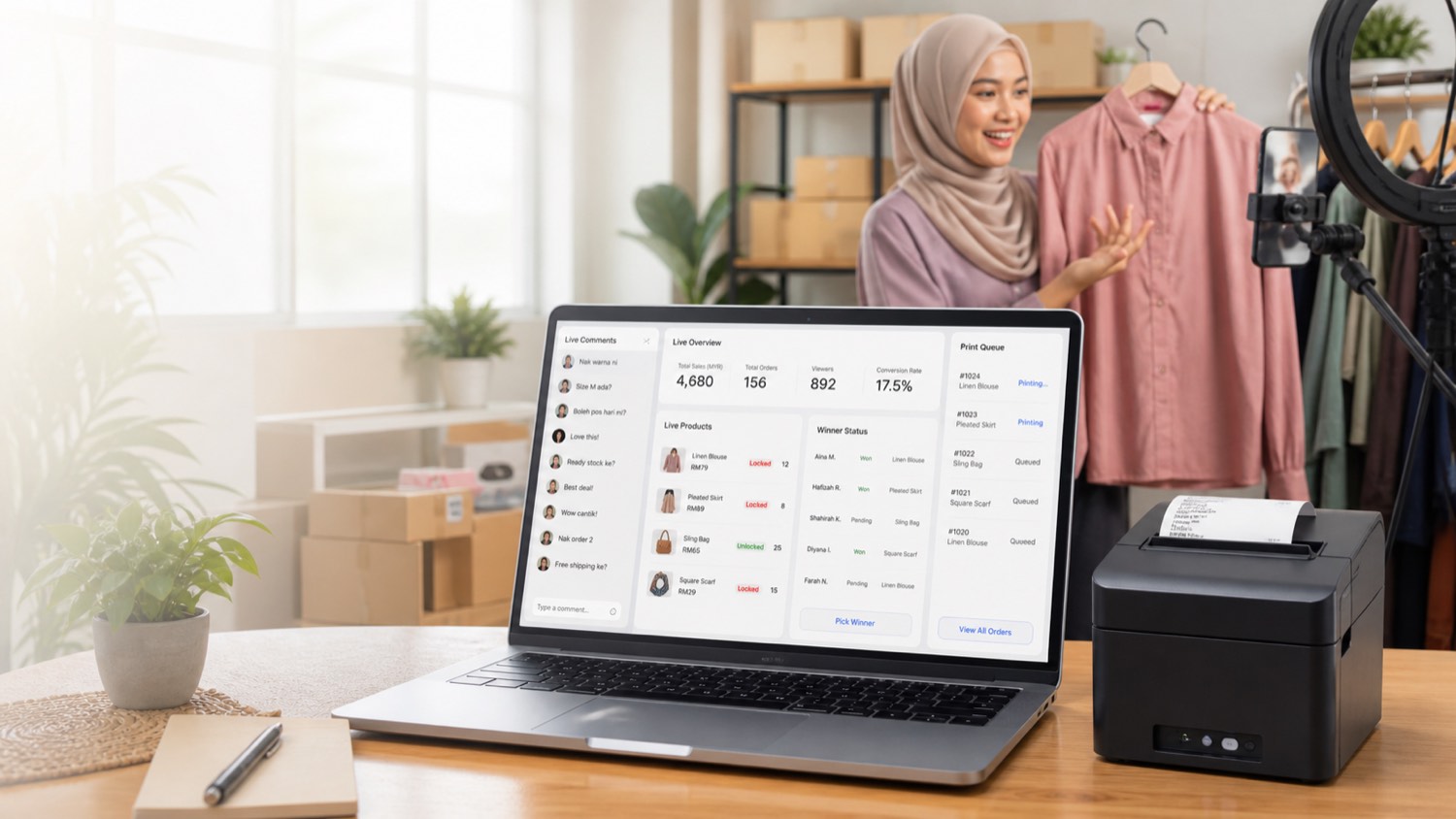 Live seller using a dashboard and receipt printer during a product livestream.